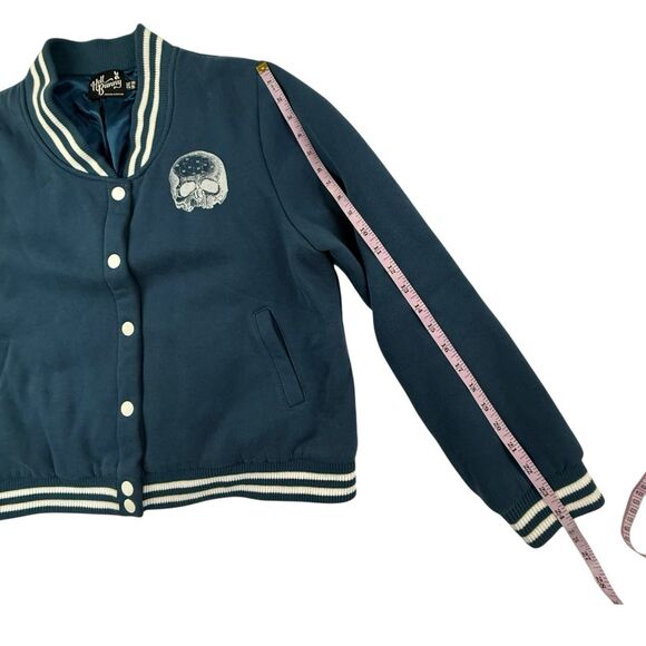 Hell Bunny Wake Up Skull Bomber Jacket 2XL 14 US Blue Goth Rockabilly Retro - Picture 12 of 12